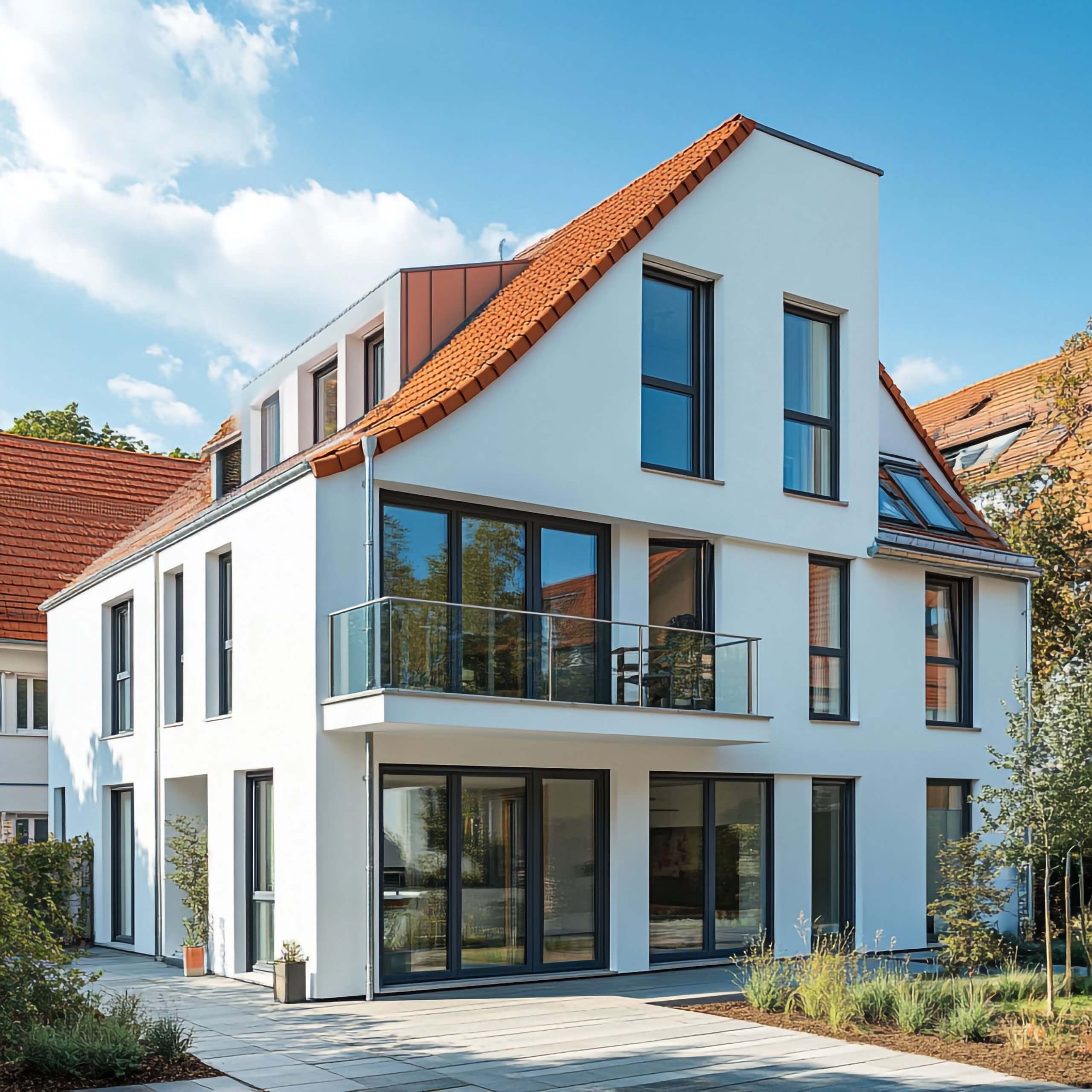 elegant-german-family-home-modern-design-with-classic-red-tile-roof Wohnhaus mit rotem Ziegeldach und großzügigem Balkon